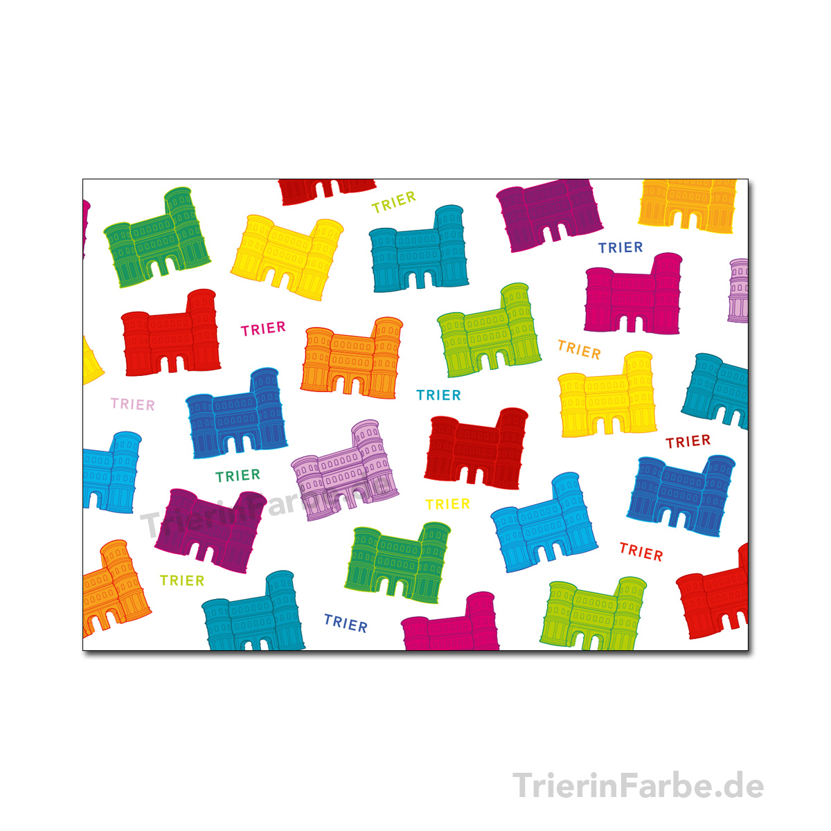 Postkarte Trier, Porta Nigra Symbole, weiß-bunt 